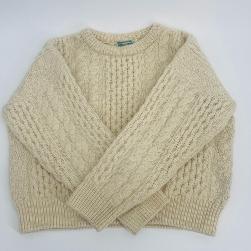 Gaeltarra Pure New Wool Cable Knit Crew Neck Chunky Sweater L Fisherman Beige
